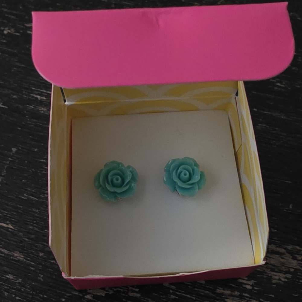 Authentic Origami Owl ER3029 Aqua Rose Stud Earrings "New in Box"